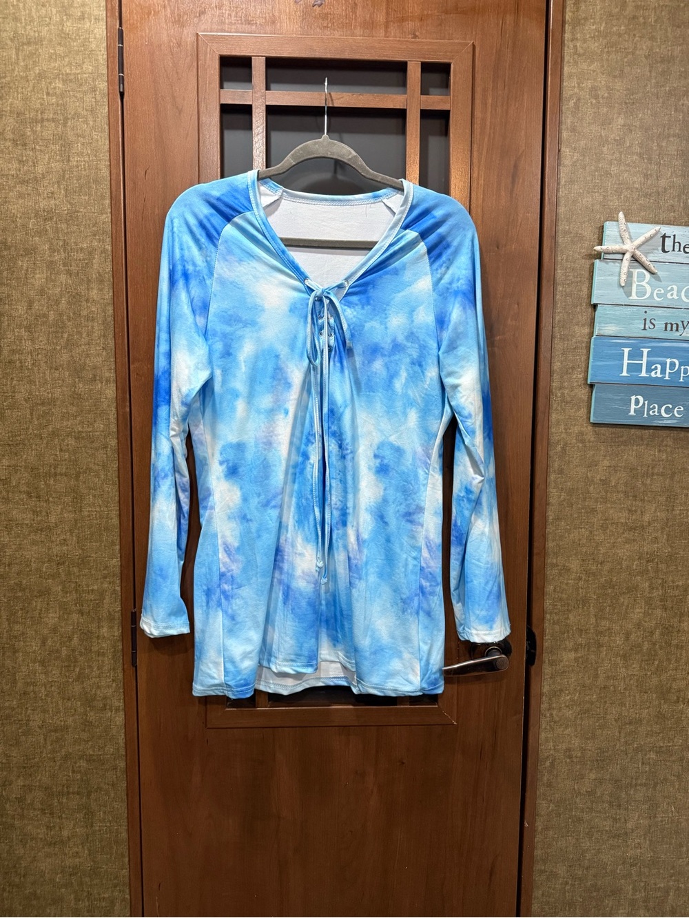 Blue Tie-Dye Long Sleeve Tie-Front Women's Top